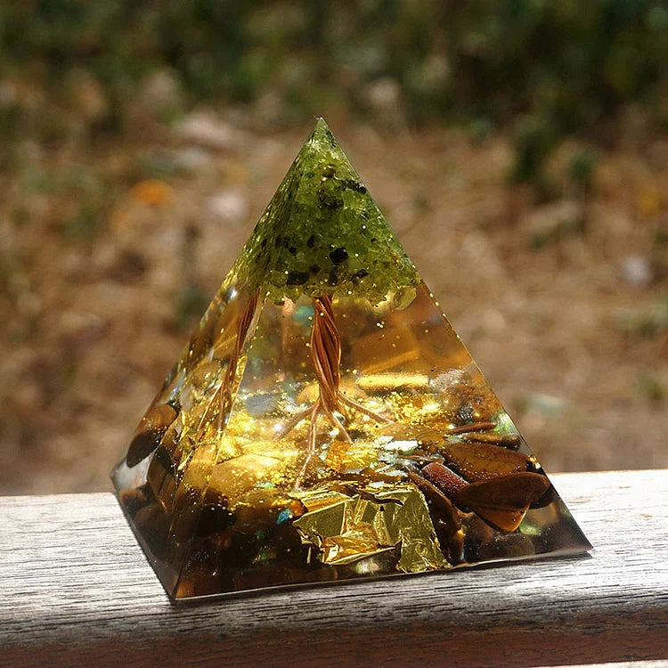 Tree of Life Peridot With Tiger Eye Orgone Pyramid