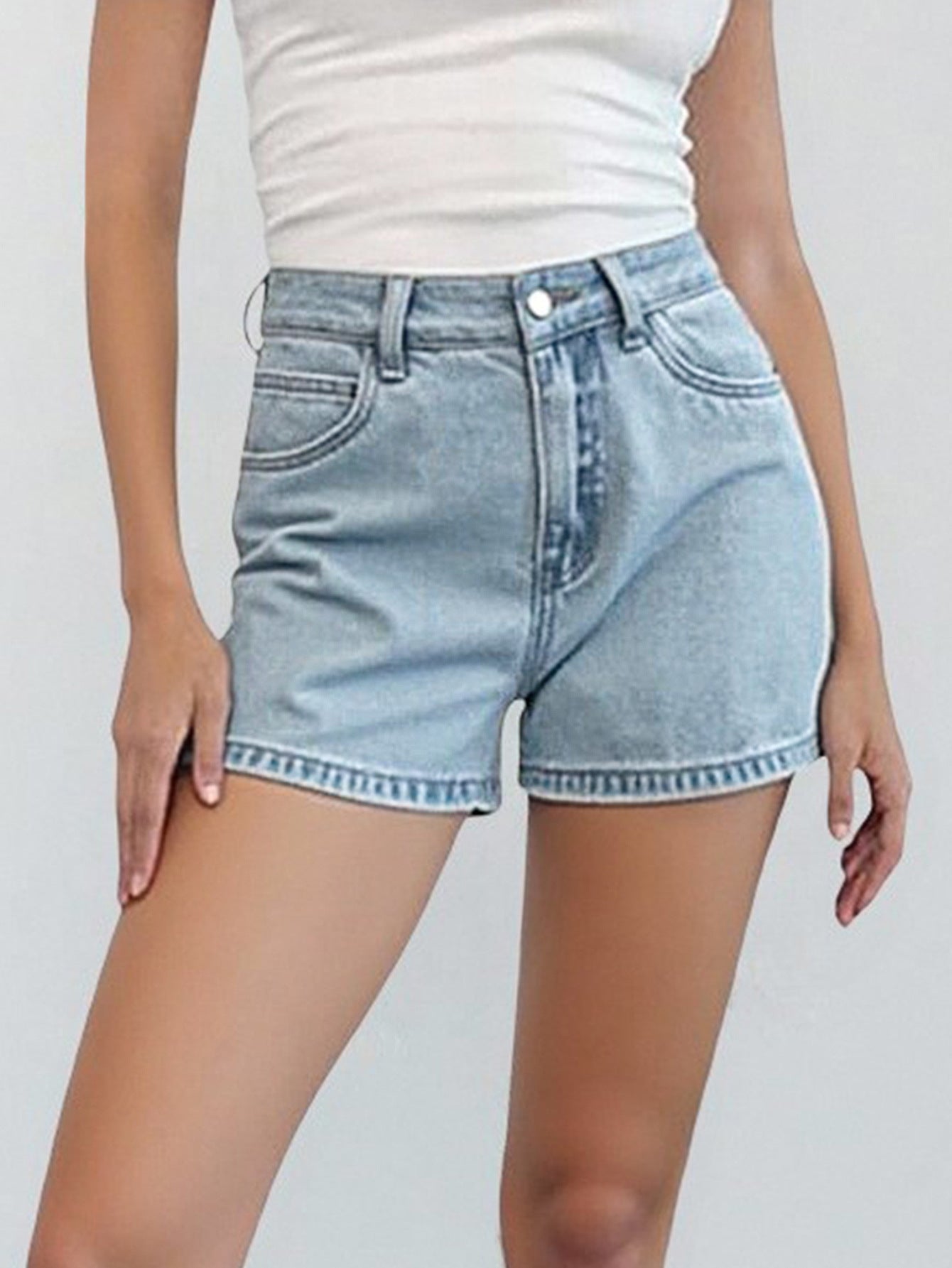 Stretchy Women’s Denim Shorts - High-Waist, Denim, Distressed Washed, Casual Everyday Wear