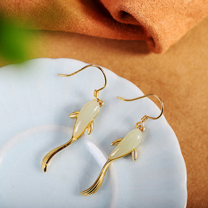 Fish Shape Jade Luck Dangle Drop Earrings