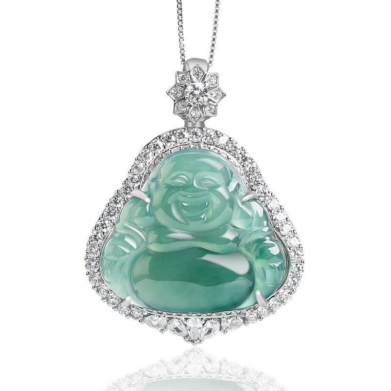 925 Sterling Silver Laughing Buddha Natural Jade Luck Abundance Necklace