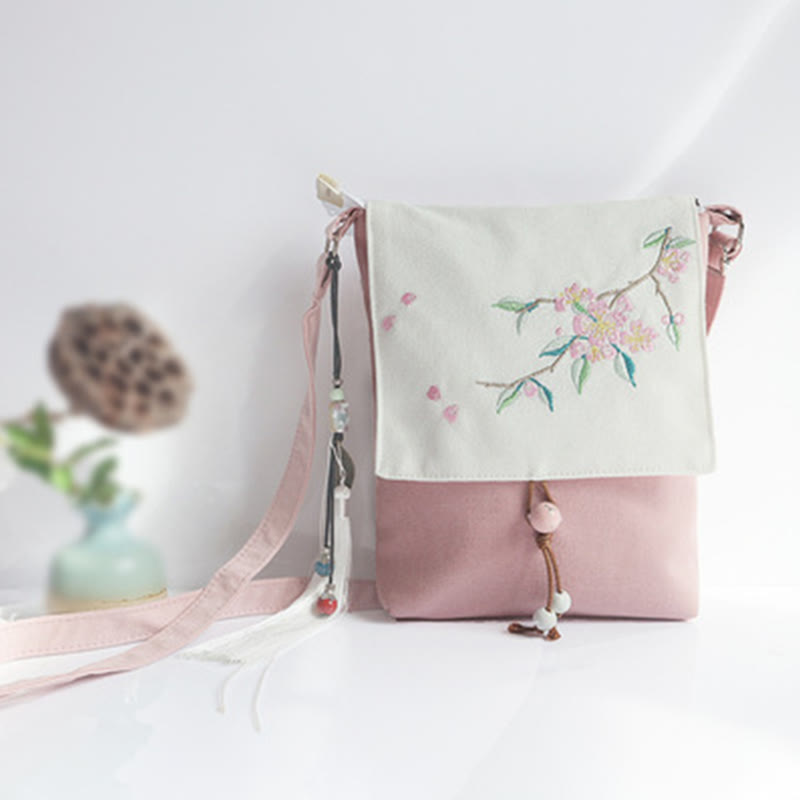 Handmade Embroidered Flowers Canvas Crossbody Bag