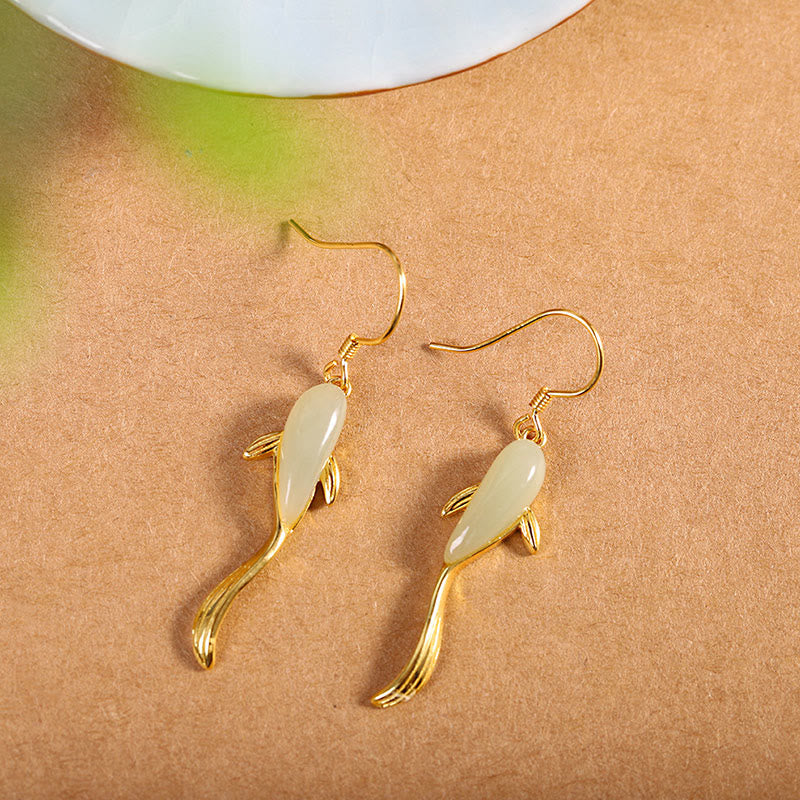 Fish Shape Jade Luck Dangle Drop Earrings