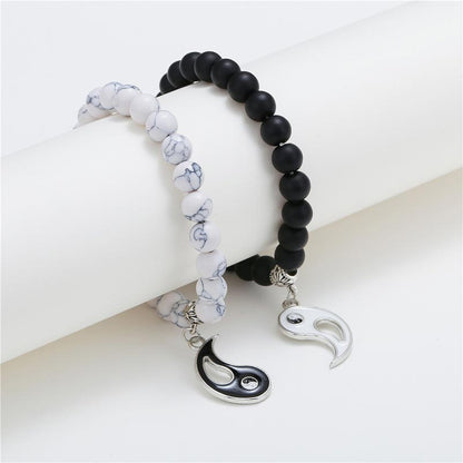 Natural Black Onyx White Turquoise Bead Yin Yang Couple Bracelet