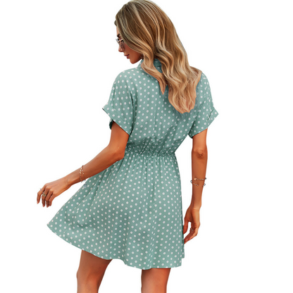 Polka Dots Knee Length Waist Belt Tie Dress