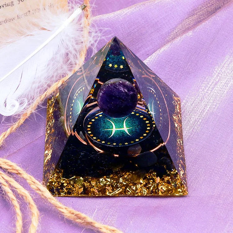 Pisces Amethyst Sphere With Obsidian Zodiac Orgone Pyramid