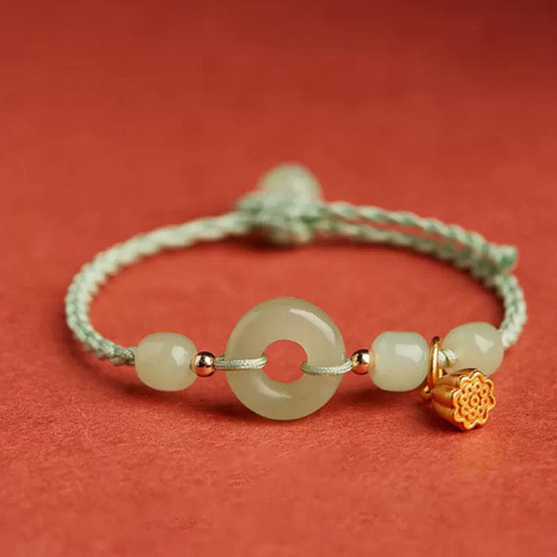 Round Peace Buckle Jade Lotus Happiness & Wealth String Bracelet