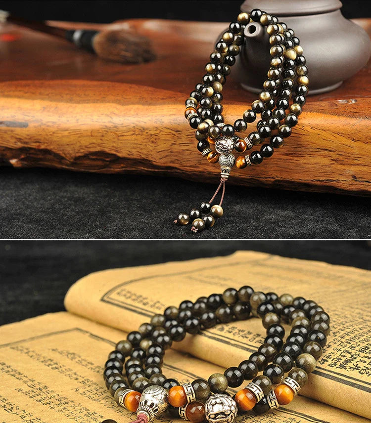 Black Obsidian Tiger Eye Blessing Mala Bracelet