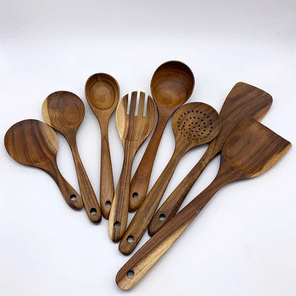 Natural Teak Wooden Kitchen Utensil Set – Eco-Friendly Cooking Spoons Non-Stick Safe 2026