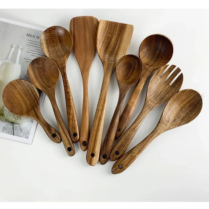 Natural Teak Wooden Kitchen Utensil Set – Eco-Friendly Cooking Spoons Non-Stick Safe 2026
