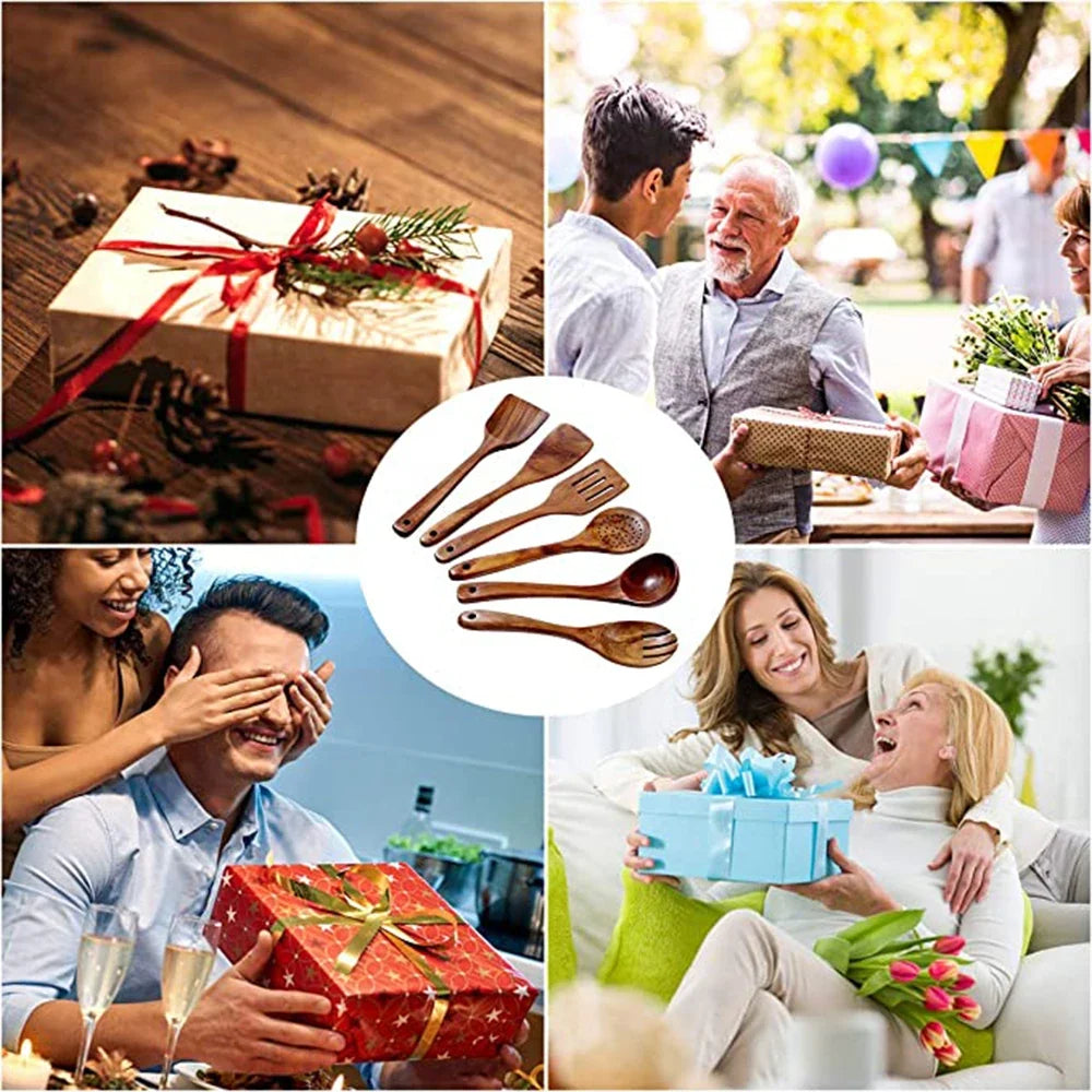 Natural Teak Wooden Kitchen Utensil Set – Eco-Friendly Cooking Spoons Non-Stick Safe 2026