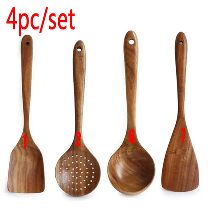 Natural Teak Wooden Kitchen Utensil Set – Eco-Friendly Cooking Spoons Non-Stick Safe 2026