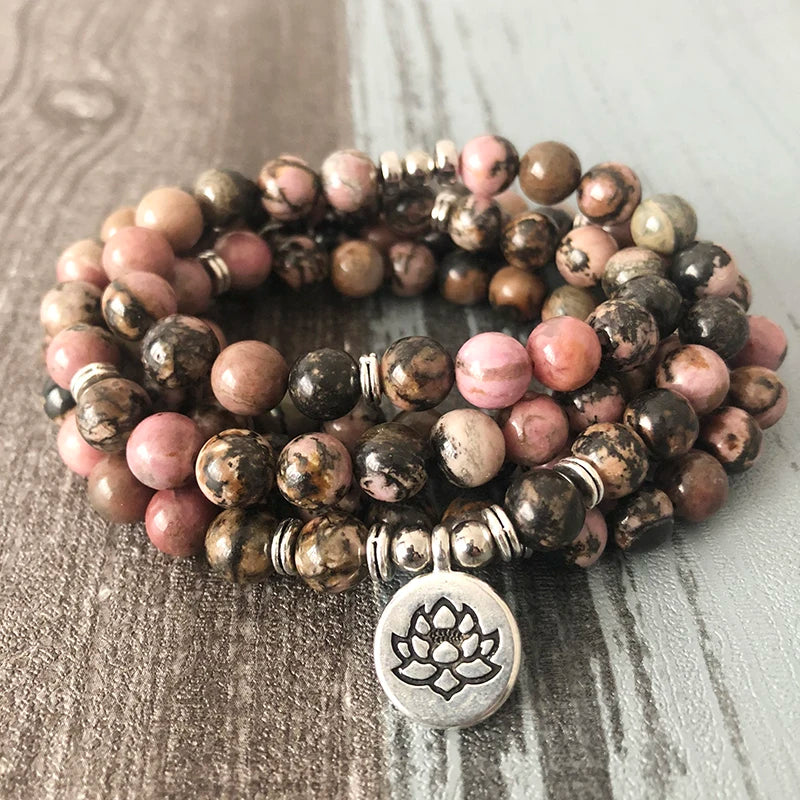 Rhodonite 108 Mala Beads Lotus Compassion Energy Bracelet / Necklace