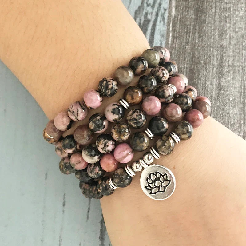 Rhodonite 108 Mala Beads Lotus Compassion Energy Bracelet / Necklace