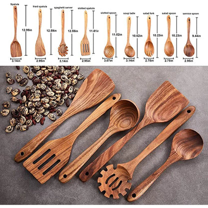 Natural Teak Wooden Kitchen Utensil Set – Eco-Friendly Cooking Spoons Non-Stick Safe 2026
