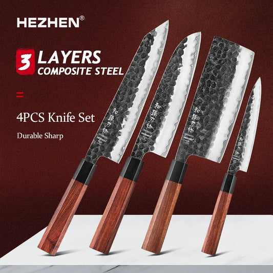 HEZHEN Kitchen Knife Set 4PCS, Clad Steel Chef Knife Nakiri Forged Steel Santoku, Wooden Octagonal Handle