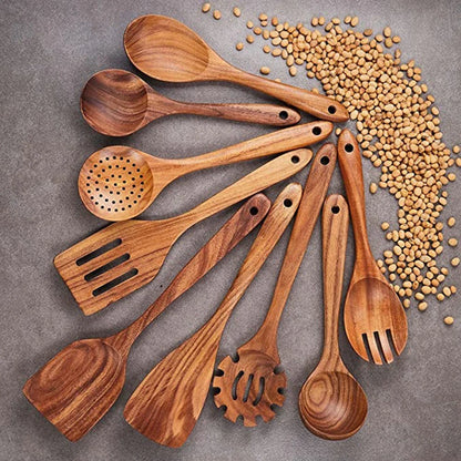Natural Teak Wooden Kitchen Utensil Set – Eco-Friendly Cooking Spoons Non-Stick Safe 2026