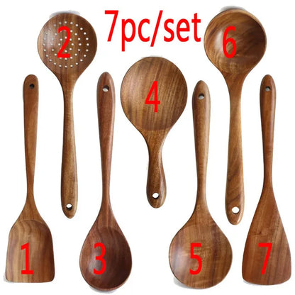 Natural Teak Wooden Kitchen Utensil Set – Eco-Friendly Cooking Spoons Non-Stick Safe 2026