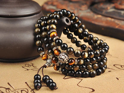 Black Obsidian Tiger Eye Blessing Mala Bracelet