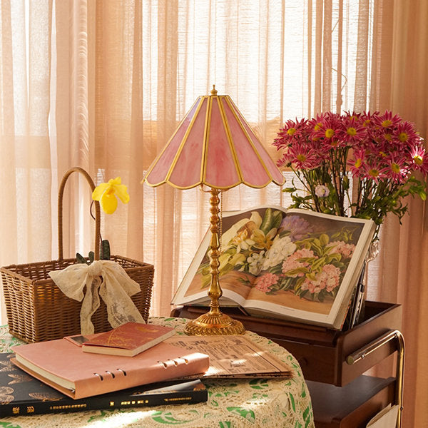 Vintage Brass Pink Glass Table Lamp