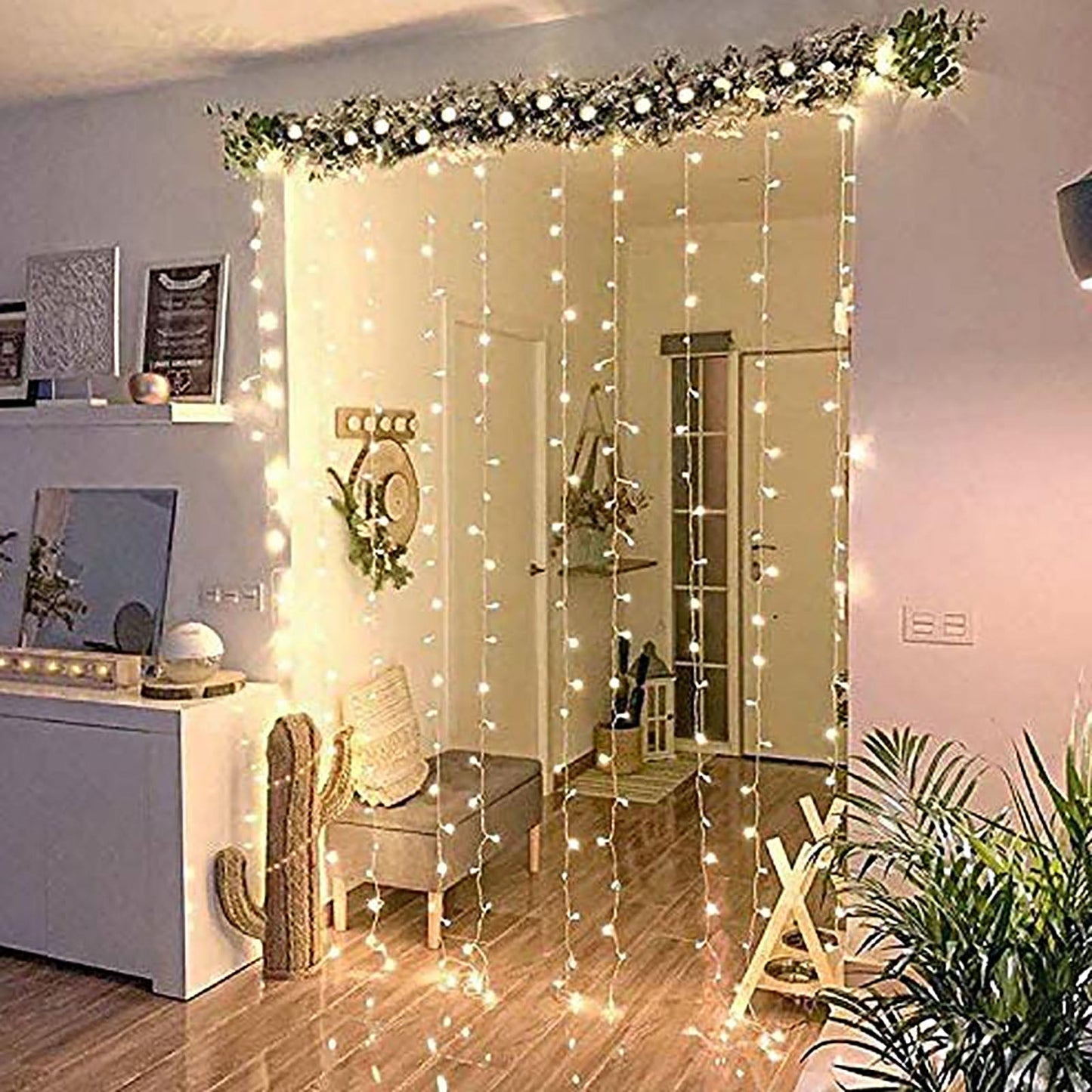 10ft Warm White 300 LED Icicle Curtain Fairy String Lights with 8 Modes