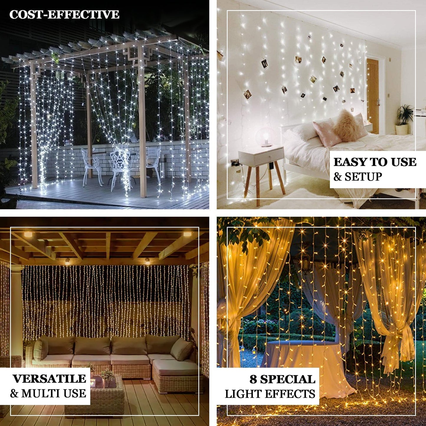 10ft Warm White 300 LED Icicle Curtain Fairy String Lights with 8 Modes