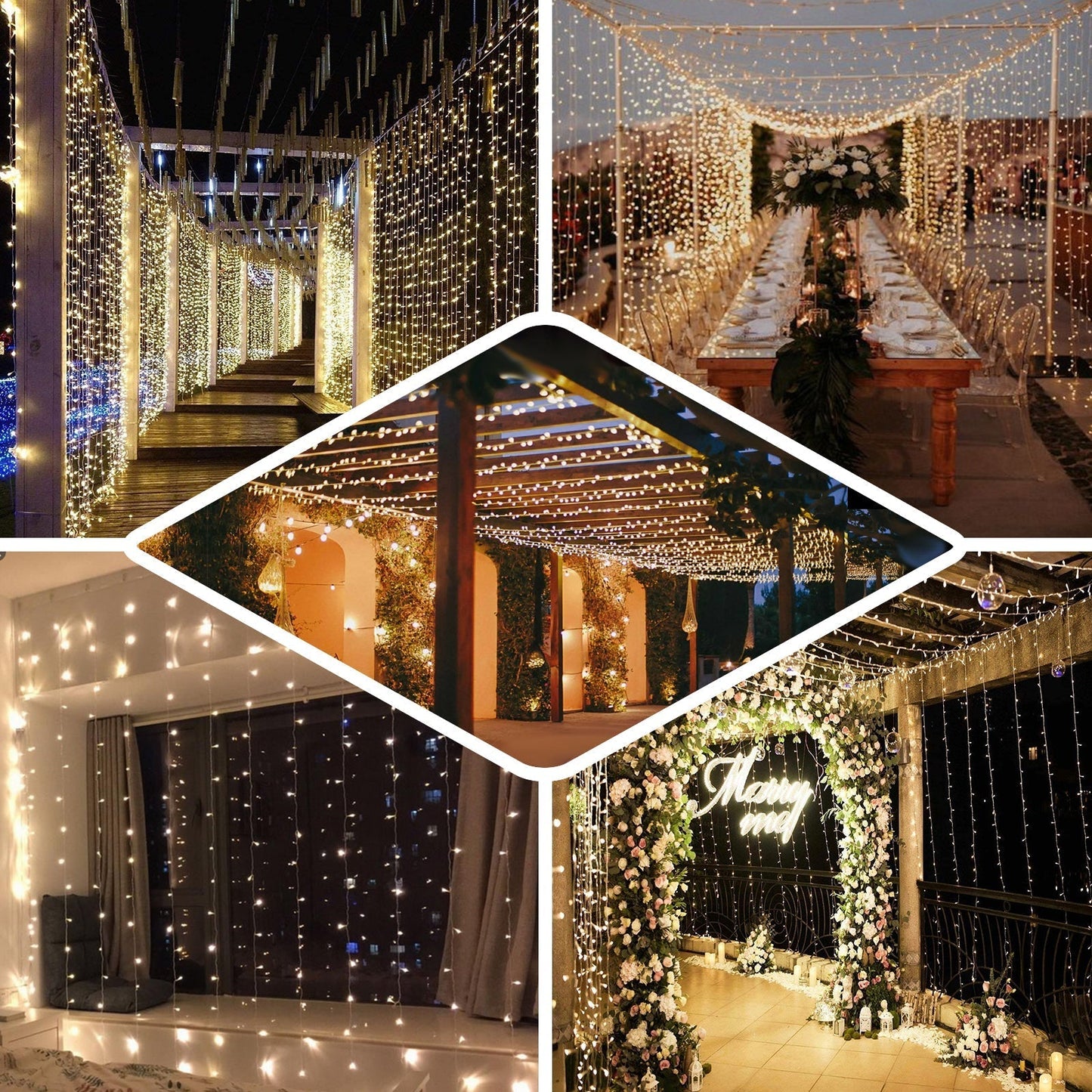 10ft Warm White 300 LED Icicle Curtain Fairy String Lights with 8 Modes