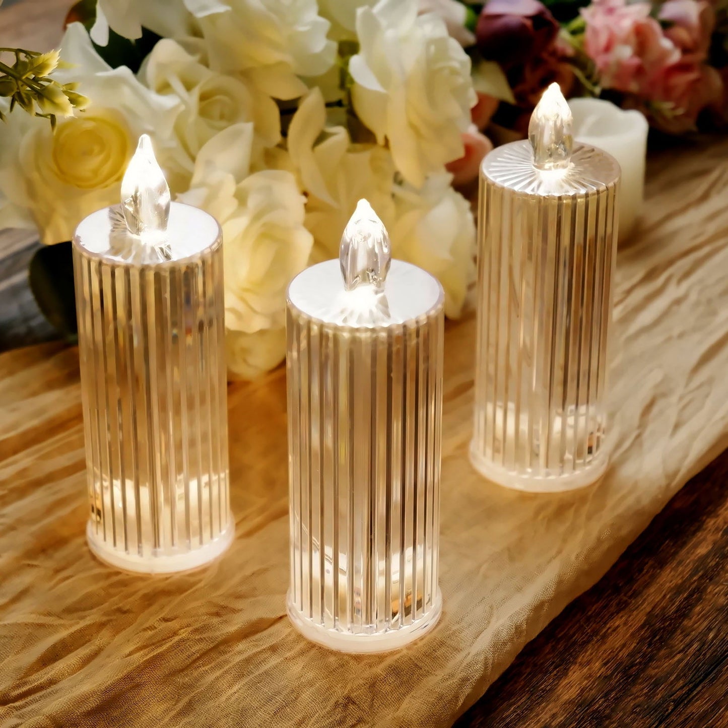 3 Pack | 6" Warm White Clear LED Acrylic Diamond Flameless Candle Lamps, Battery Operated Pillar Night Light