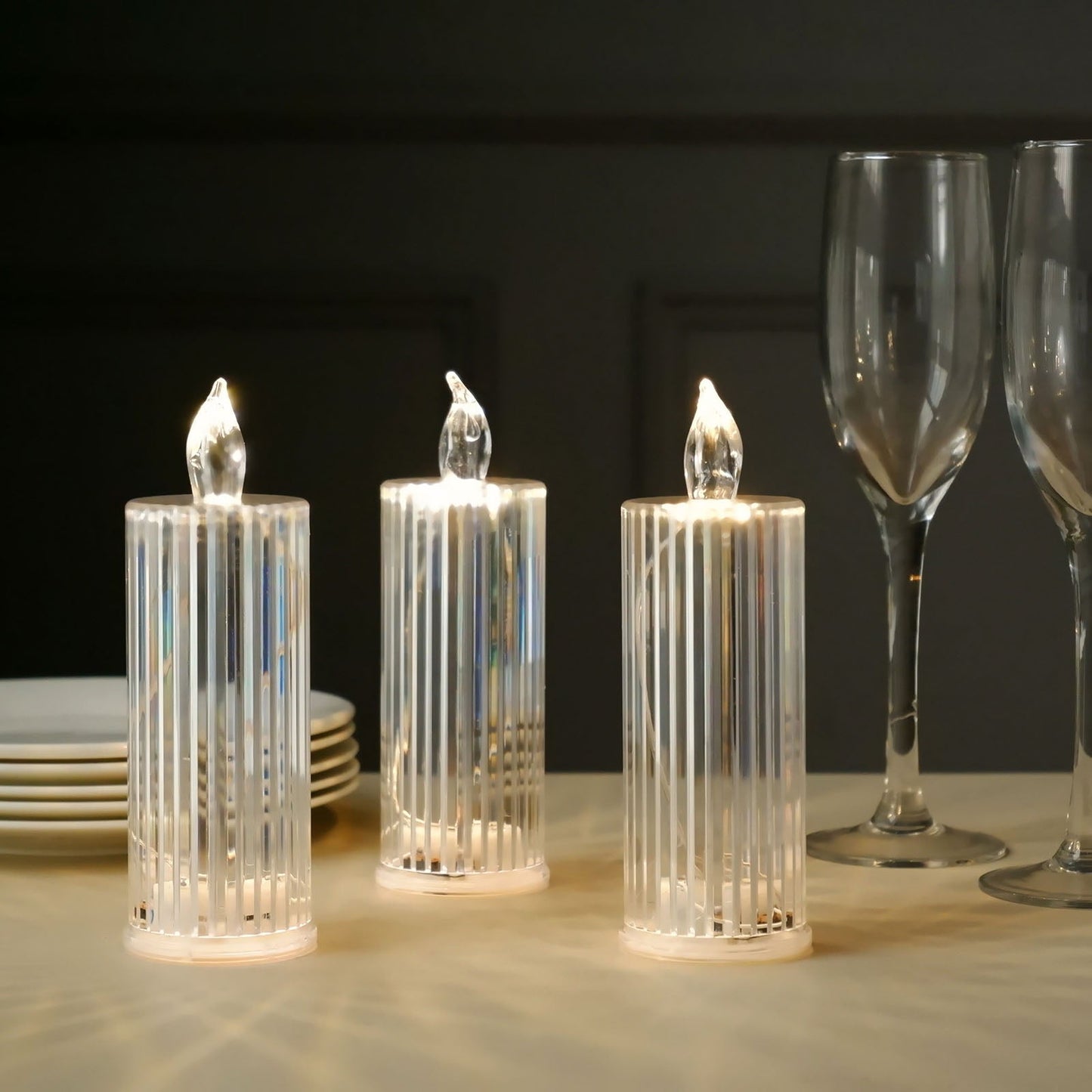 3 Pack | 6" Warm White Clear LED Acrylic Diamond Flameless Candle Lamps, Battery Operated Pillar Night Light