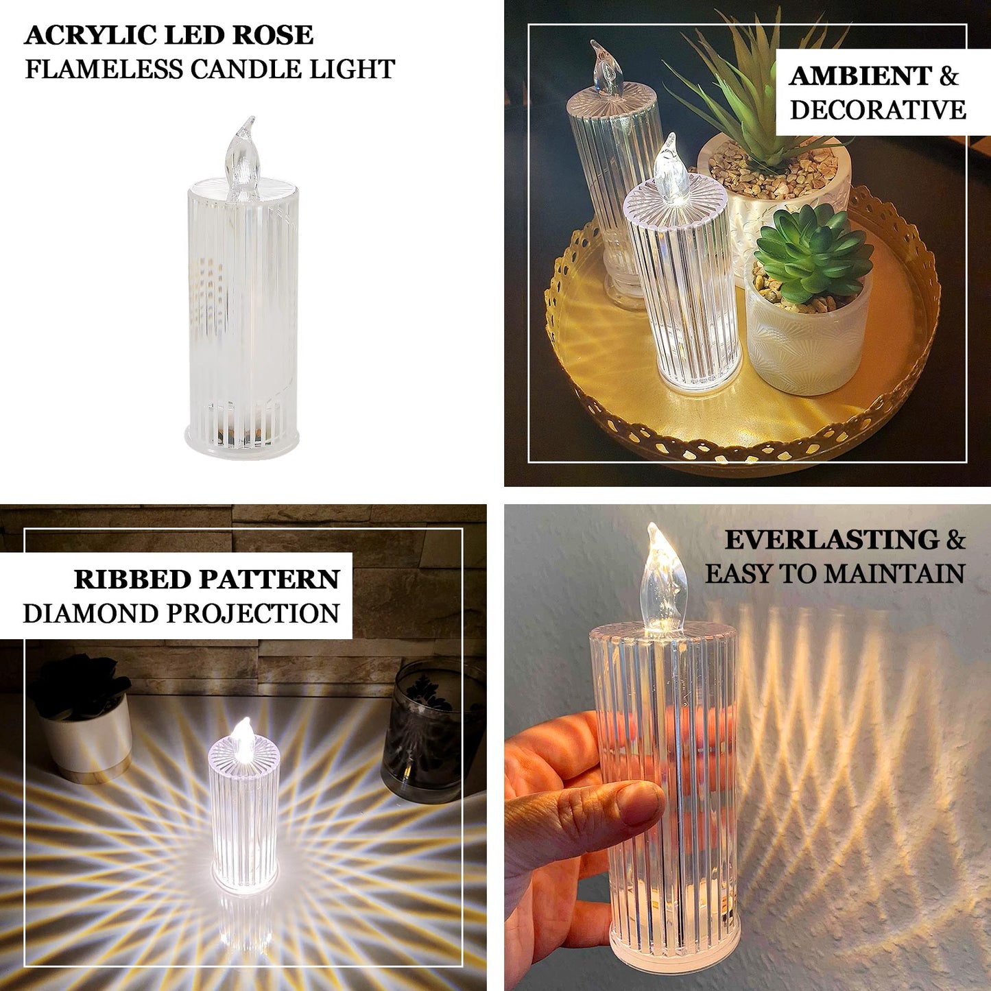 3 Pack | 6" Warm White Clear LED Acrylic Diamond Flameless Candle Lamps, Battery Operated Pillar Night Light