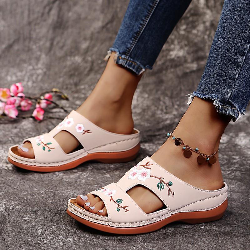 Domina Flower Embroidered Vintage Casual Wedges Sandals