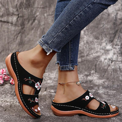 Domina Flower Embroidered Vintage Casual Wedges Sandals