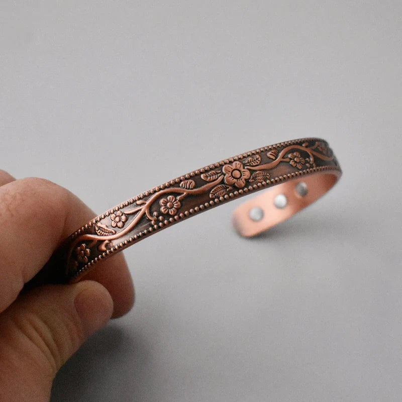 Floral Magnetic Adjustable Copper Cuff Bracelet Bangle