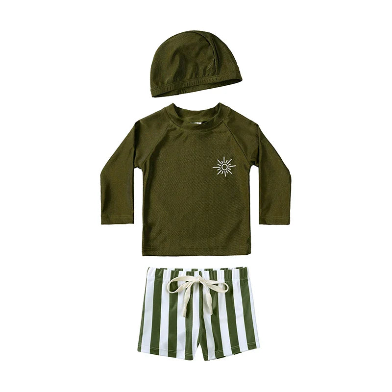 Breathable Kids Rash Guard Swim Set – Long-Sleeve Top, Swim Pants, Hat, Polyester Elastane, Beach Vacation