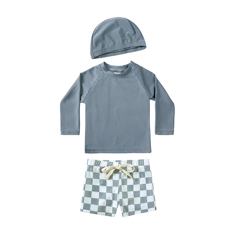 Breathable Kids Rash Guard Swim Set – Long-Sleeve Top, Swim Pants, Hat, Polyester Elastane, Beach Vacation