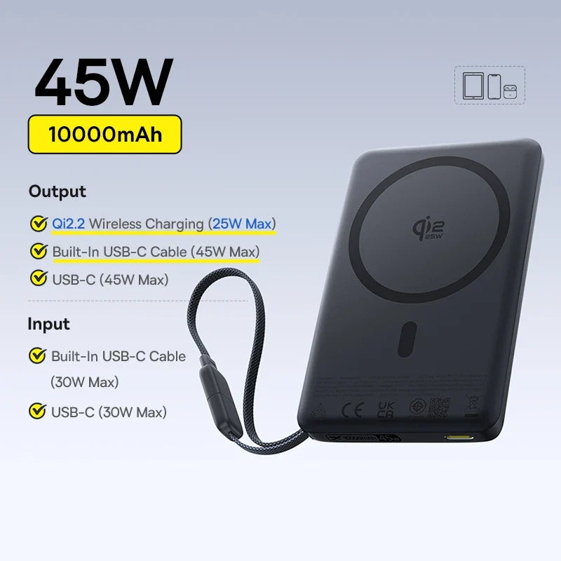 Qi2 Magnetic Power Bank 10000mAh – 15W Wireless & 22.5W USB-C Charging for iPhone & Samsung 2026