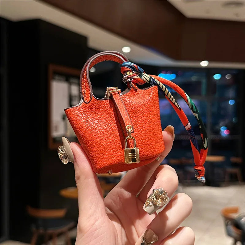 Birkin Inspired Mini Hand Bag - Leather Basket Bag Charm Keychain & Earphone Case