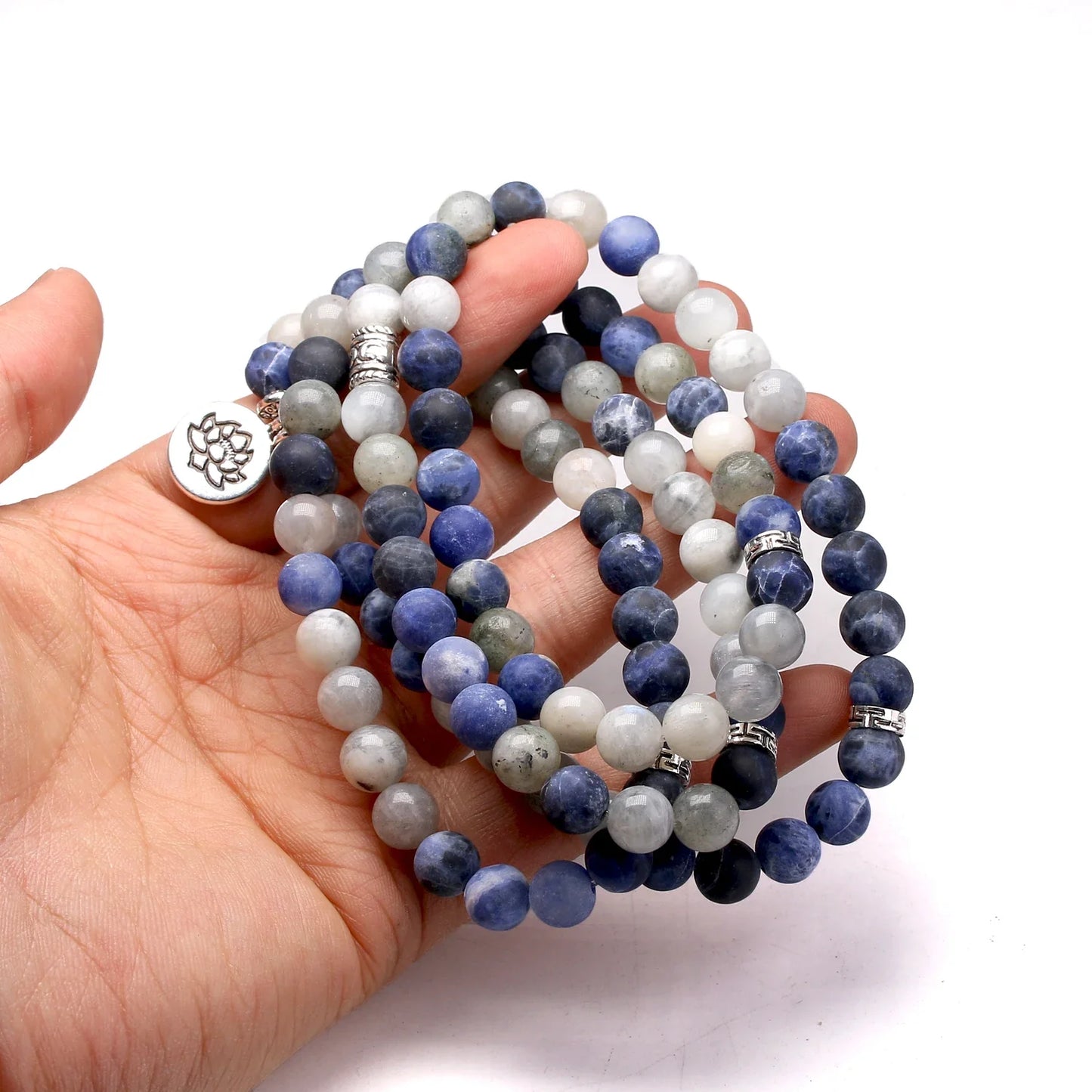 108 Natural Stone Mala Bead Lotus Pendant Bracelet