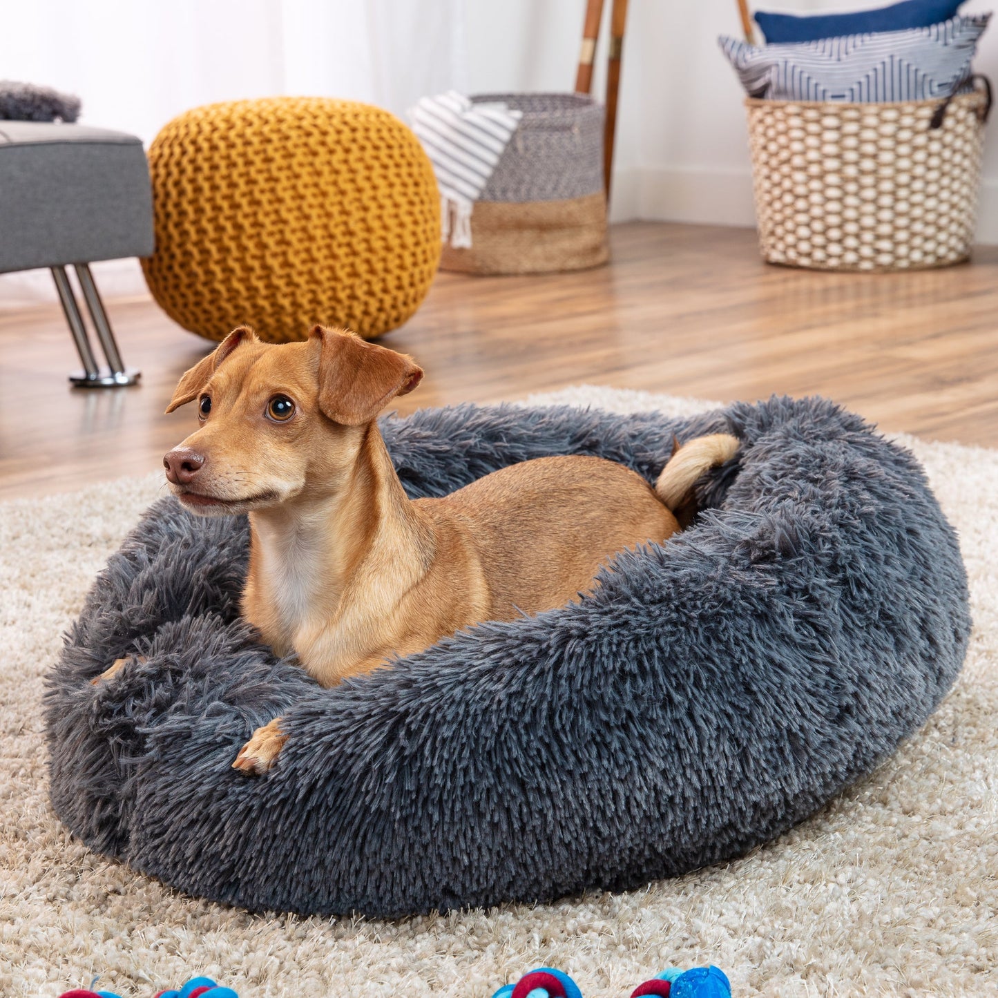 Self-Warming Shag Fur Calming Pet Bed with Water-Resistant Lining - Gray