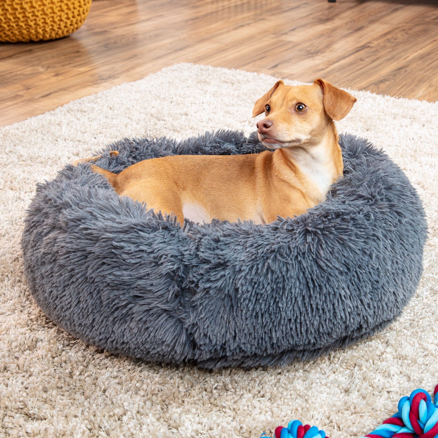 Self-Warming Shag Fur Calming Pet Bed with Water-Resistant Lining - Gray