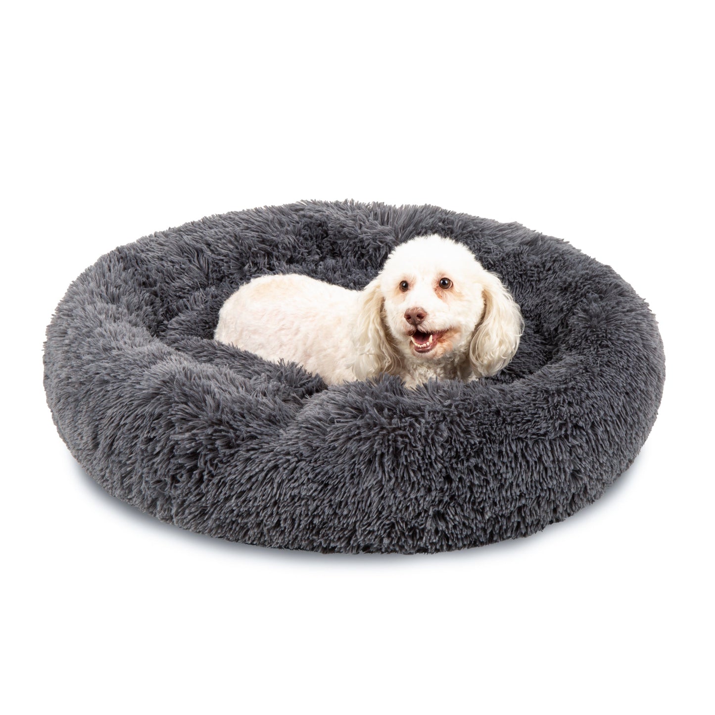 Self-Warming Shag Fur Calming Pet Bed with Water-Resistant Lining - Gray