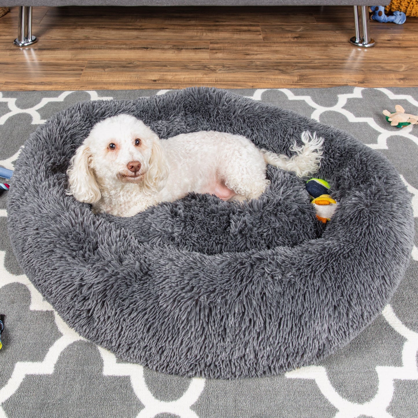 Self-Warming Shag Fur Calming Pet Bed with Water-Resistant Lining - Gray