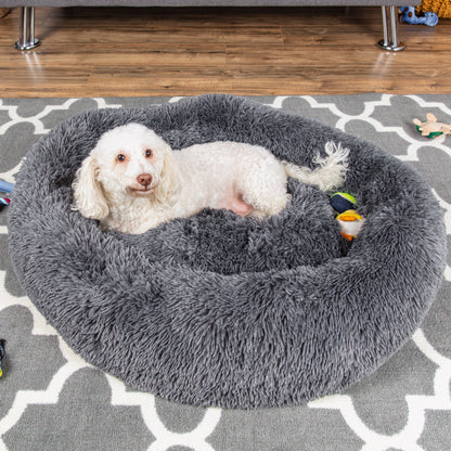 Self-Warming Shag Fur Calming Pet Bed with Water-Resistant Lining - Gray