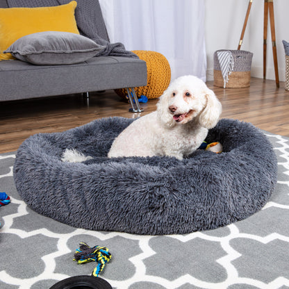 Self-Warming Shag Fur Calming Pet Bed with Water-Resistant Lining - Gray