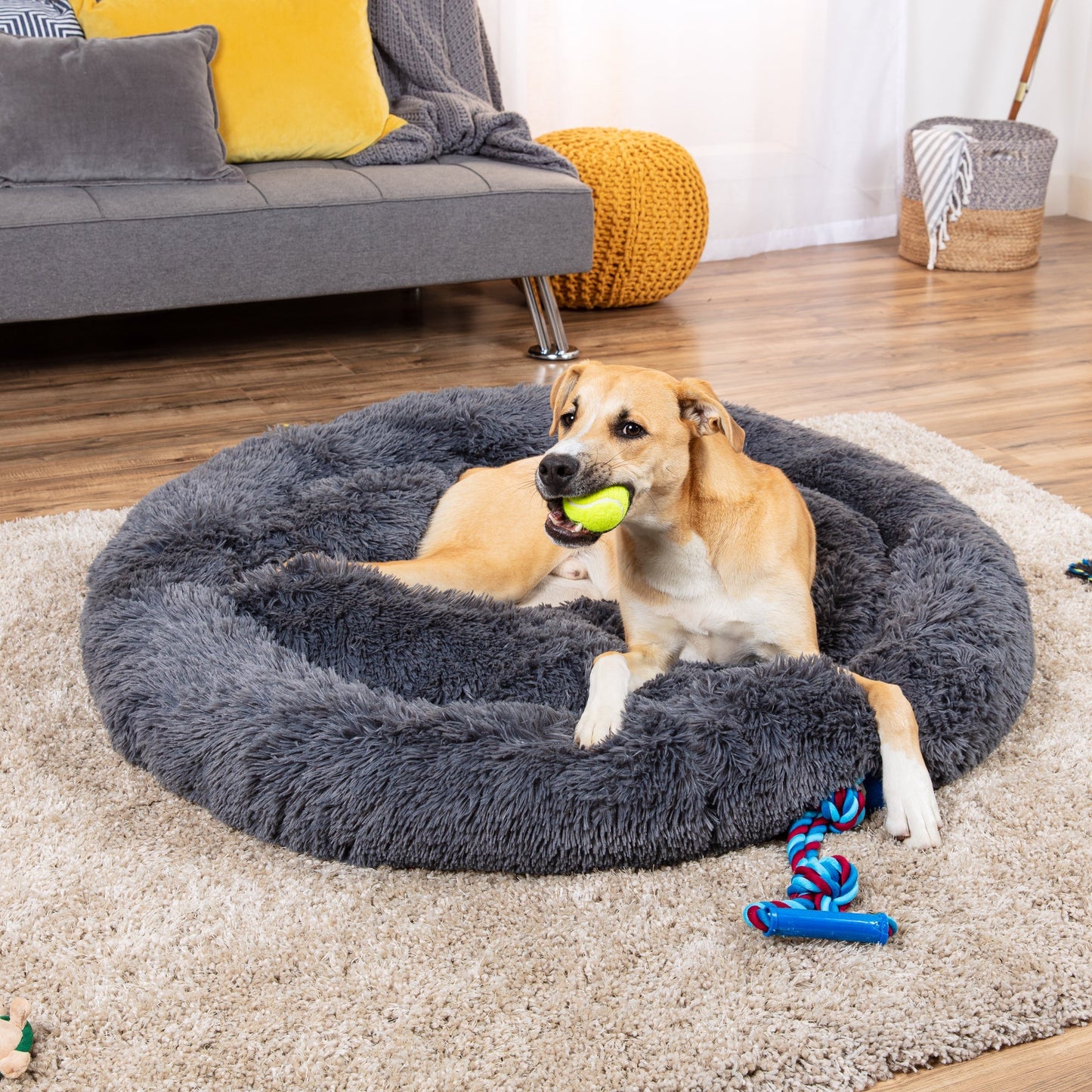 Self-Warming Shag Fur Calming Pet Bed with Water-Resistant Lining - Gray