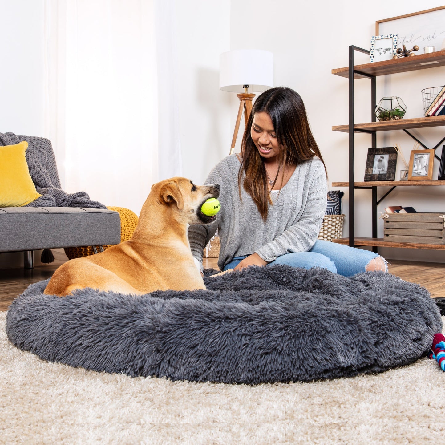 Self-Warming Shag Fur Calming Pet Bed with Water-Resistant Lining - Gray