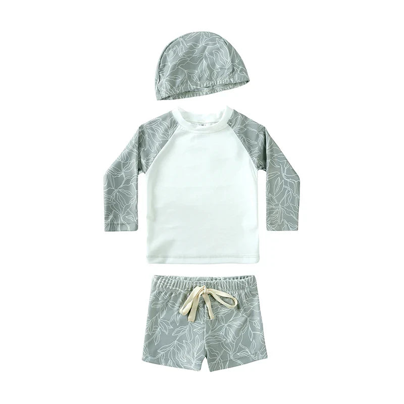Breathable Kids Rash Guard Swim Set – Long-Sleeve Top, Swim Pants, Hat, Polyester Elastane, Beach Vacation