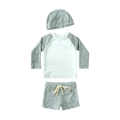 Breathable Kids Rash Guard Swim Set – Long-Sleeve Top, Swim Pants, Hat, Polyester Elastane, Beach Vacation