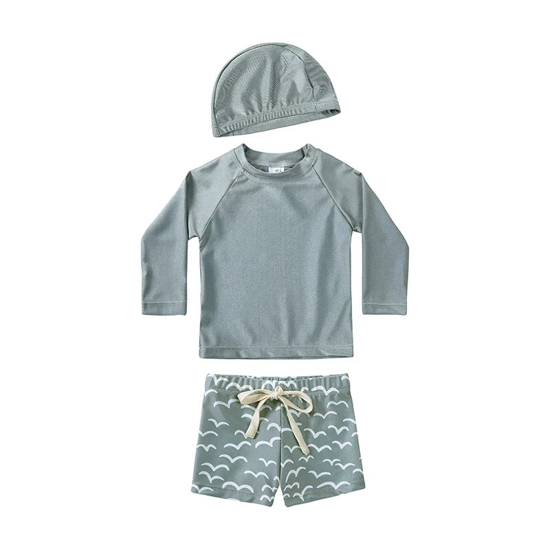Breathable Kids Rash Guard Swim Set – Long-Sleeve Top, Swim Pants, Hat, Polyester Elastane, Beach Vacation