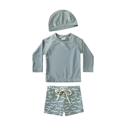 Breathable Kids Rash Guard Swim Set – Long-Sleeve Top, Swim Pants, Hat, Polyester Elastane, Beach Vacation