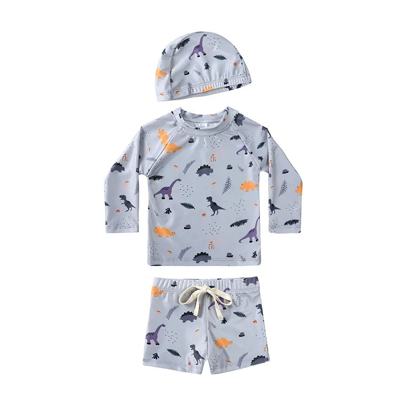 Breathable Kids Rash Guard Swim Set – Long-Sleeve Top, Swim Pants, Hat, Polyester Elastane, Beach Vacation